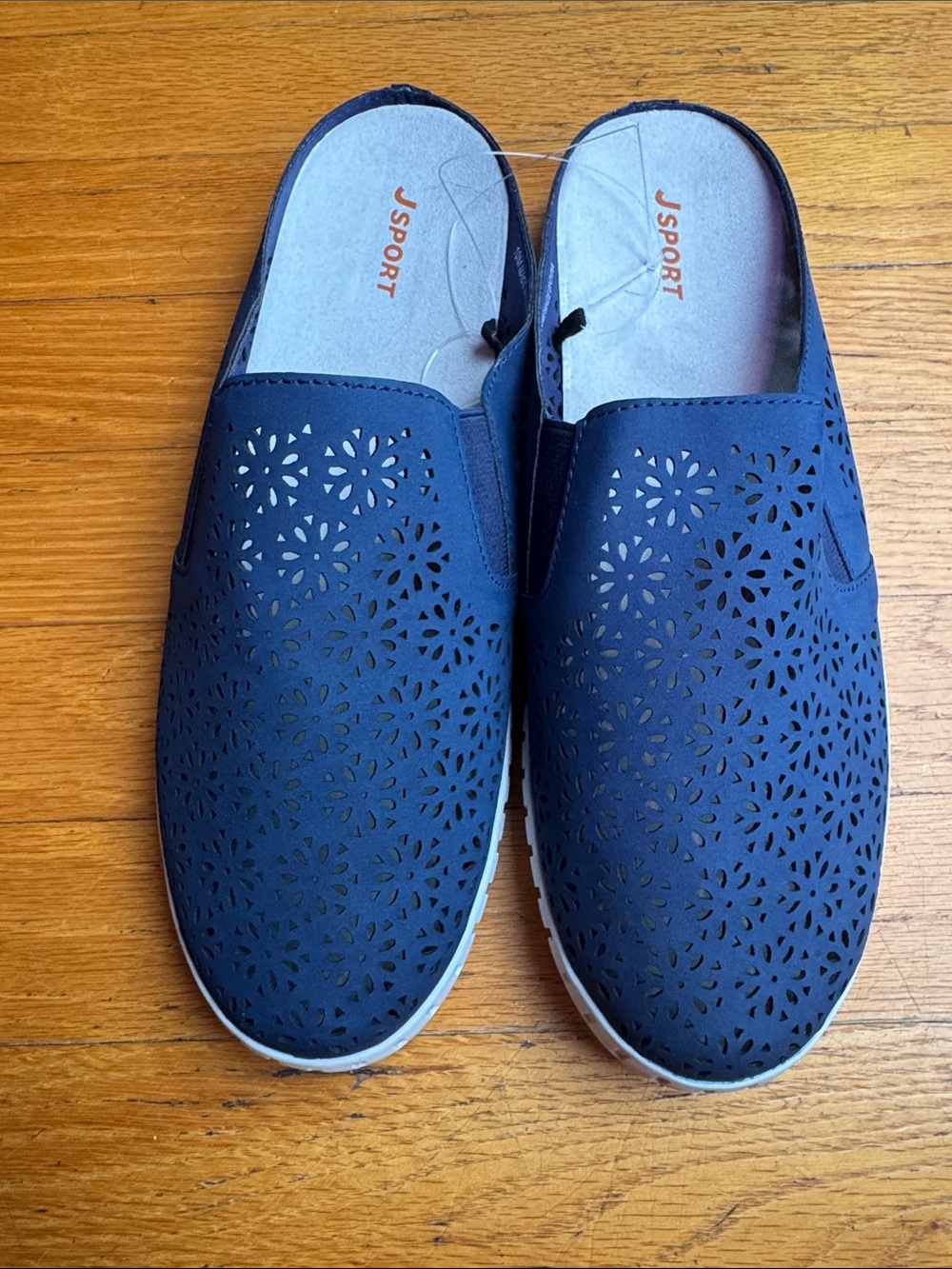 J Sport Navy Slip-On Floral Laser-Cut Mules